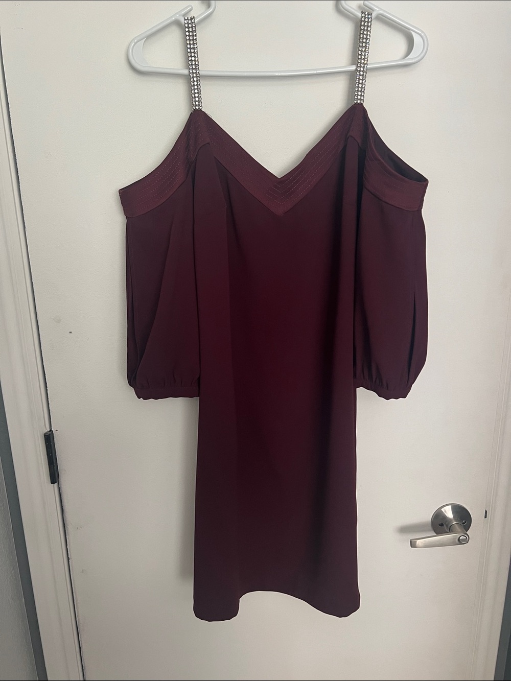 Trina Turk Burgundy Off-Shoulder Dress with Embellished Straps